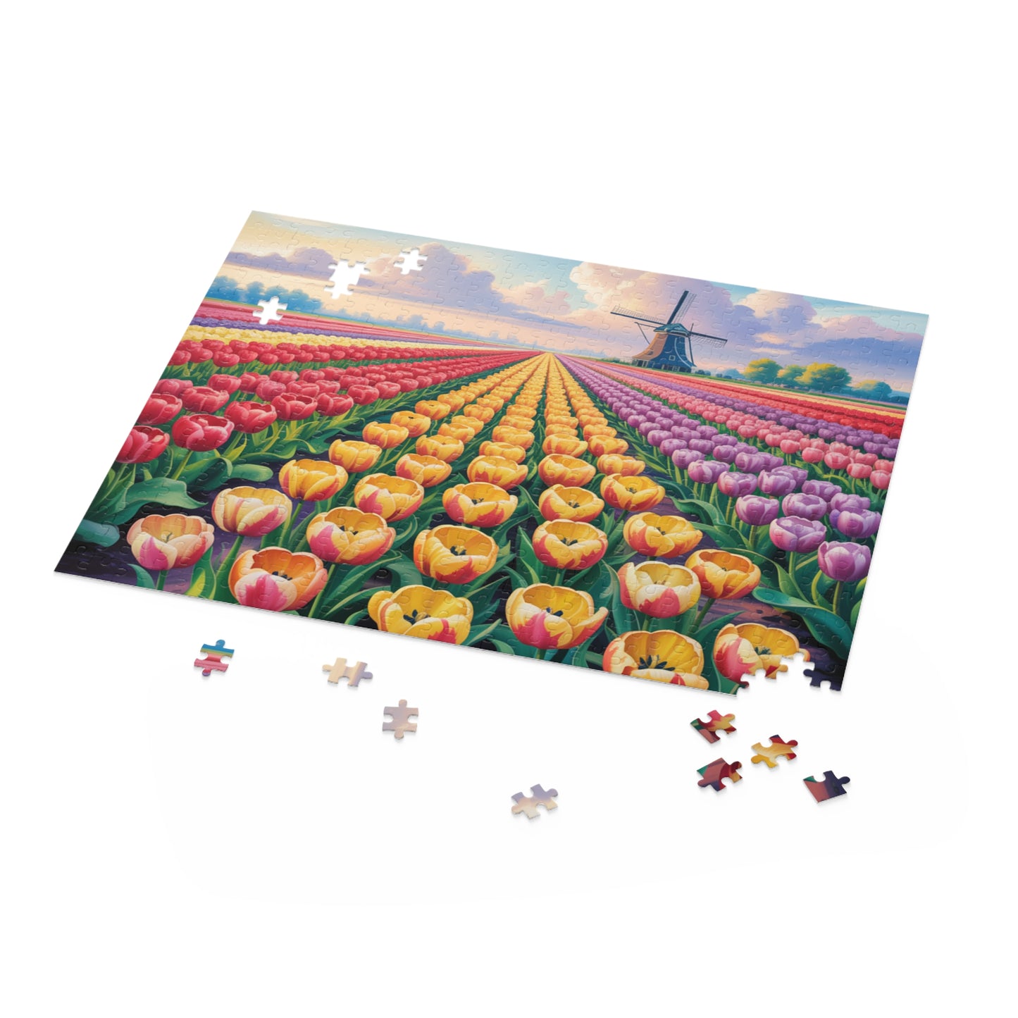Tulip Field Jigsaw Puzzle — Windmill Dutch Landscape (120/252/500 pcs)