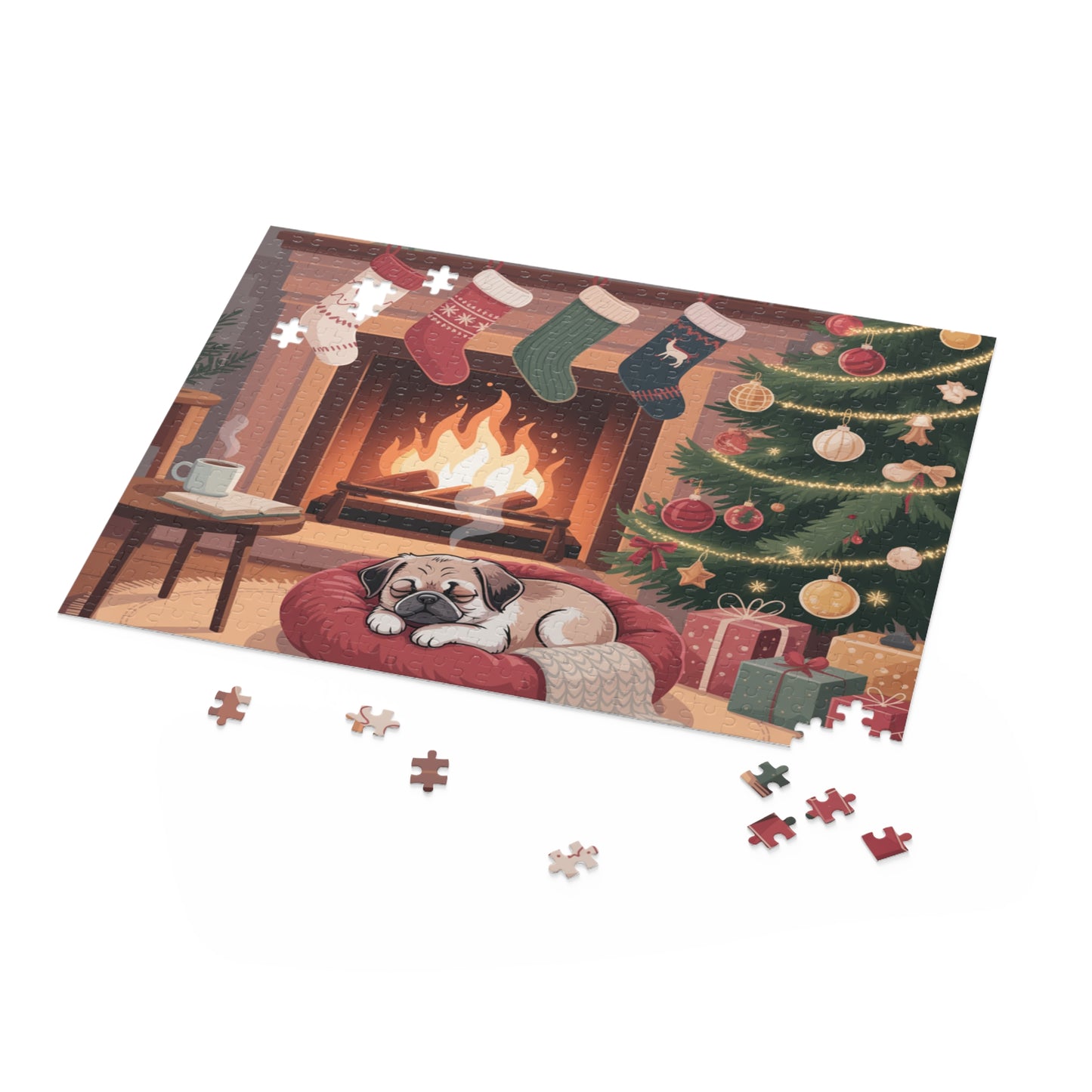 Holiday Fireplace Puzzle — Cozy Christmas Dog 500/252/120-Piece Jigsaw
