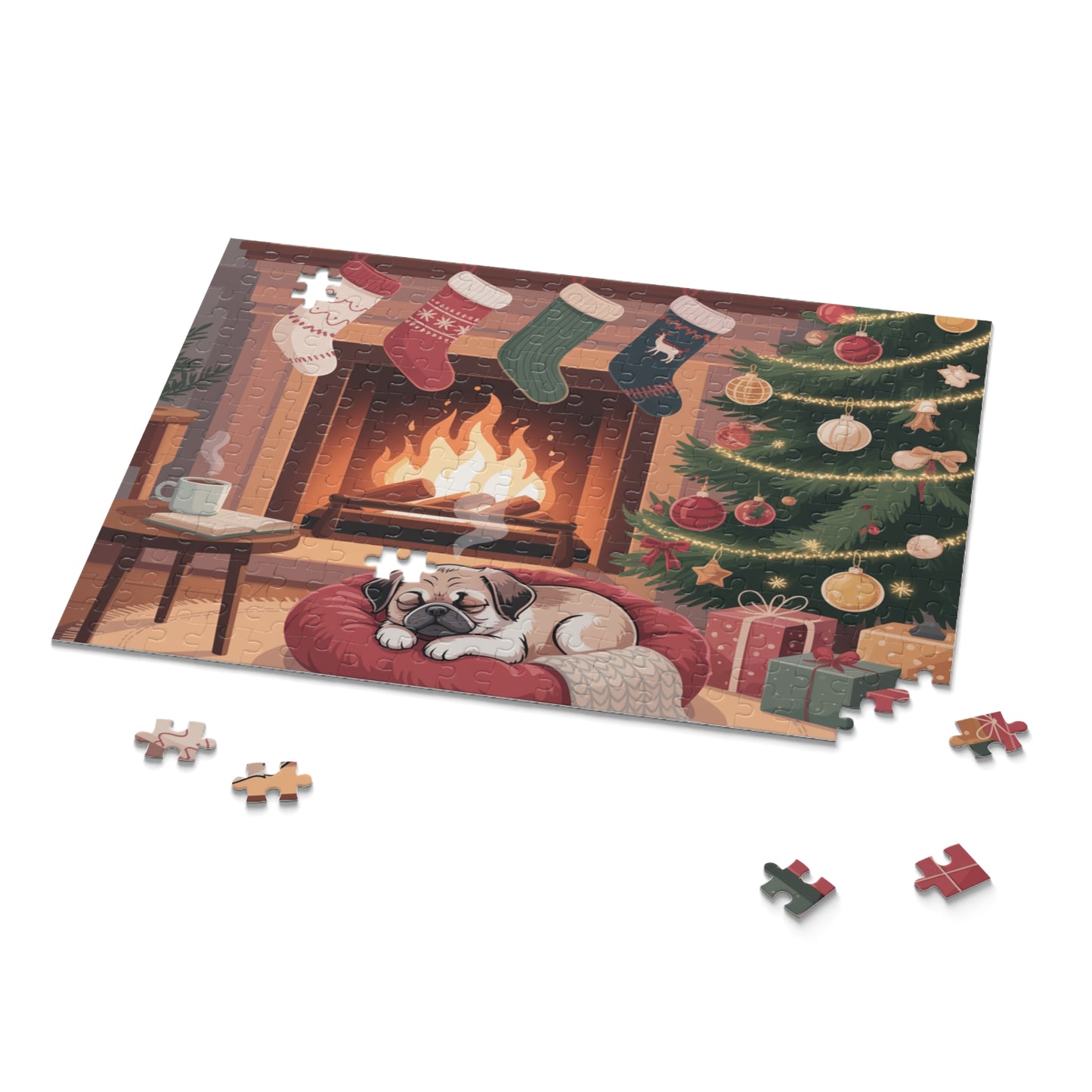 Holiday Fireplace Puzzle — Cozy Christmas Dog 500/252/120-Piece Jigsaw