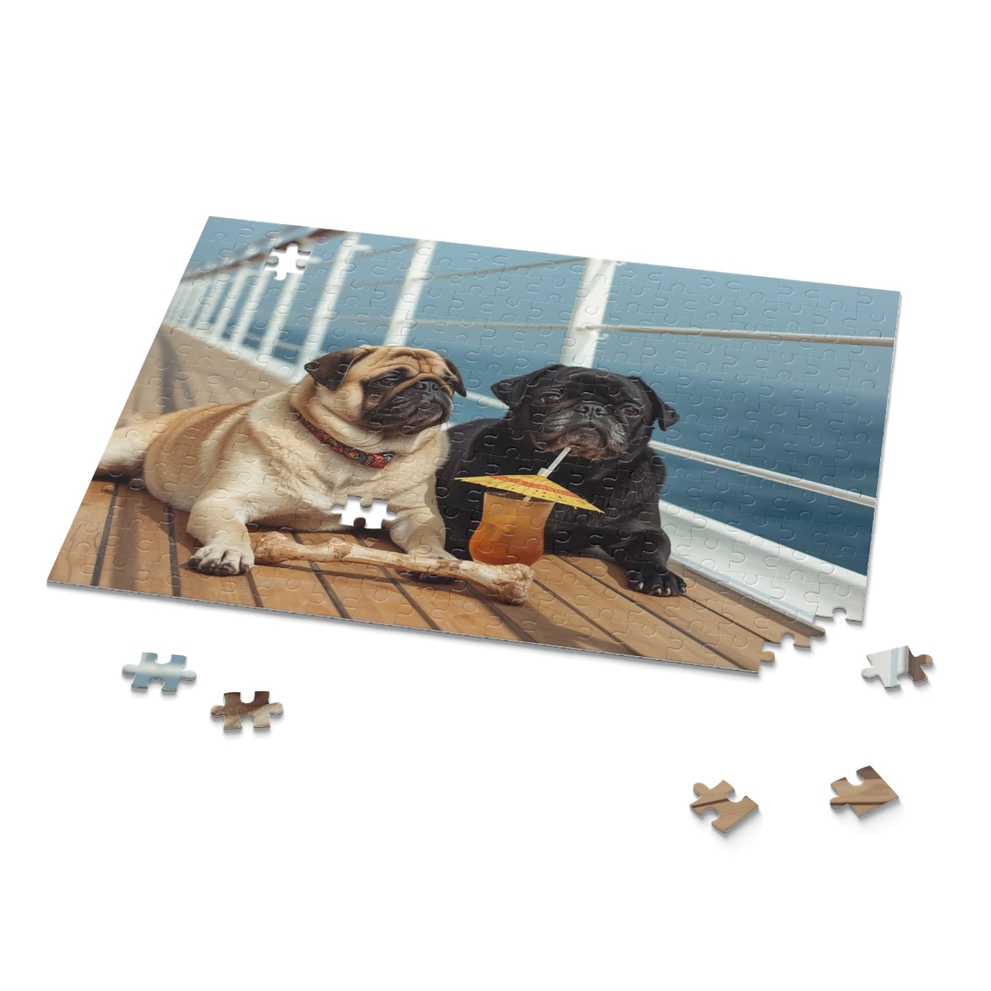 Pug Pair Cruise Deck Jigsaw Puzzle — Relaxing Dogs on a Boardwalk (120/252/500pc)