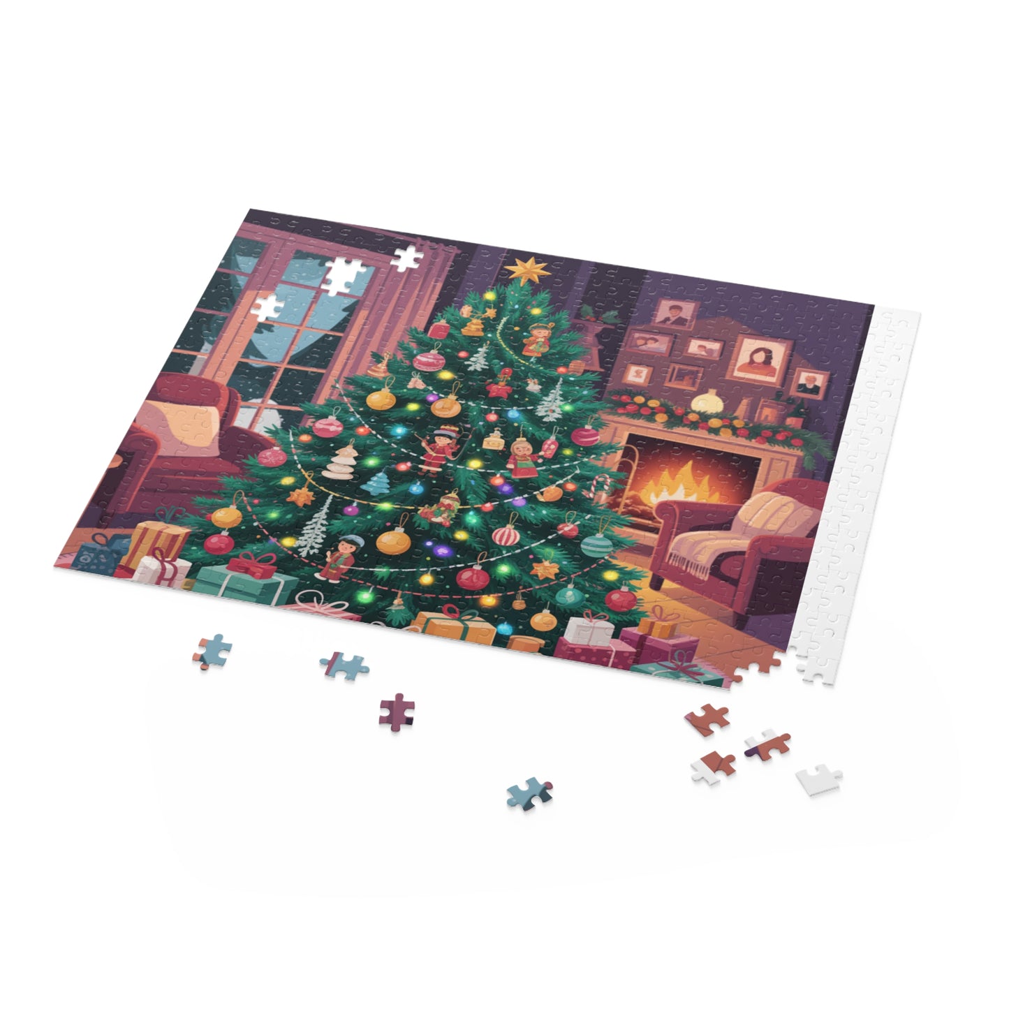 Christmas Tree Puzzle — Cozy Holiday Living Room Jigsaw (120/252/500 pcs)