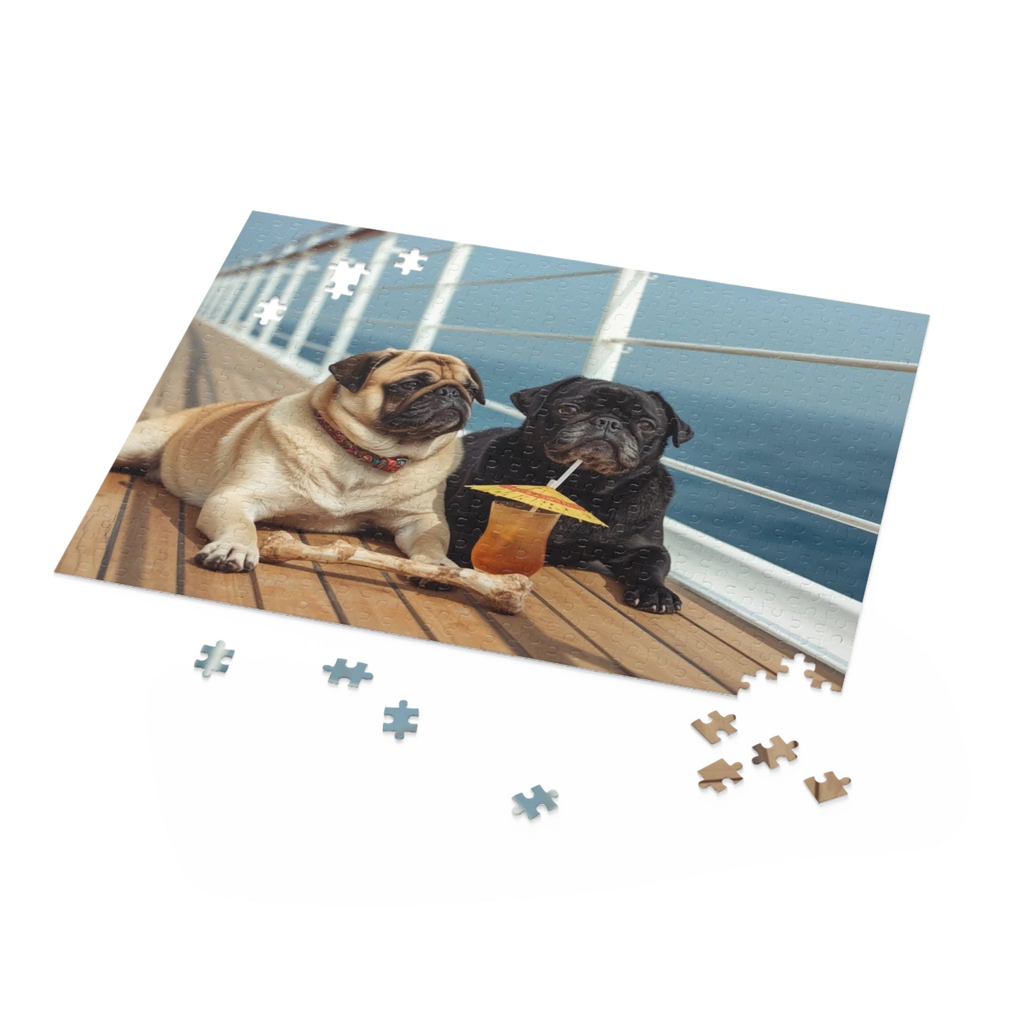 Pug Pair Cruise Deck Jigsaw Puzzle — Relaxing Dogs on a Boardwalk (120/252/500pc)
