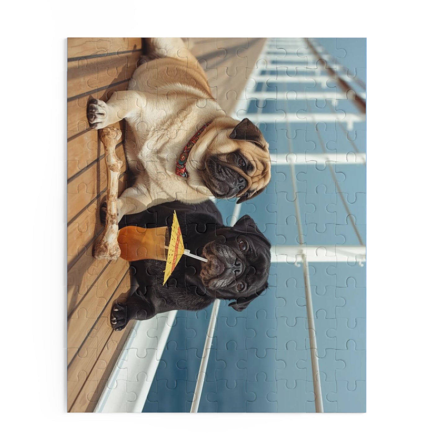 Pug Pair Cruise Deck Jigsaw Puzzle — Relaxing Dogs on a Boardwalk (120/252/500pc)