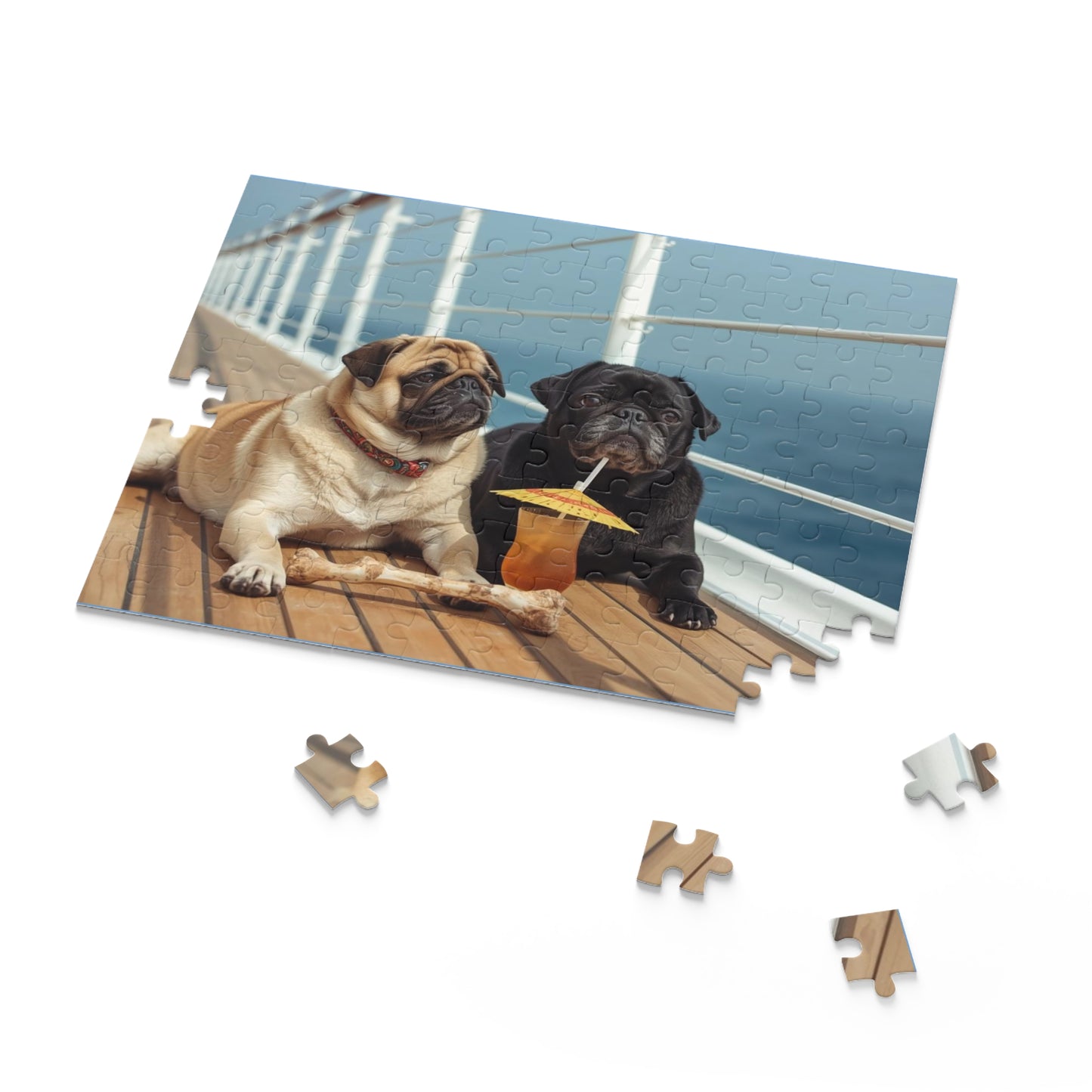 Pug Pair Cruise Deck Jigsaw Puzzle — Relaxing Dogs on a Boardwalk (120/252/500pc)