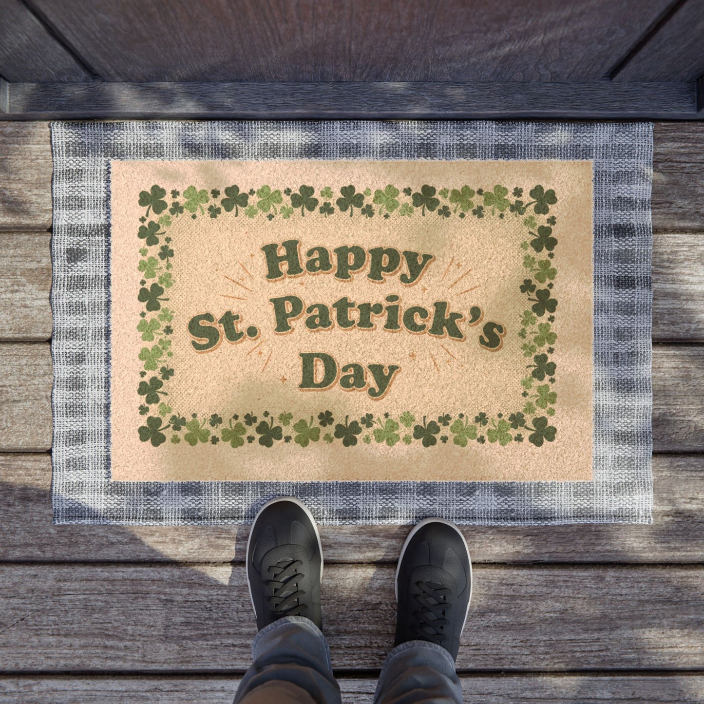 Happy St. Patrick's Day Doormat — Shamrock Border Holiday Welcome Mat