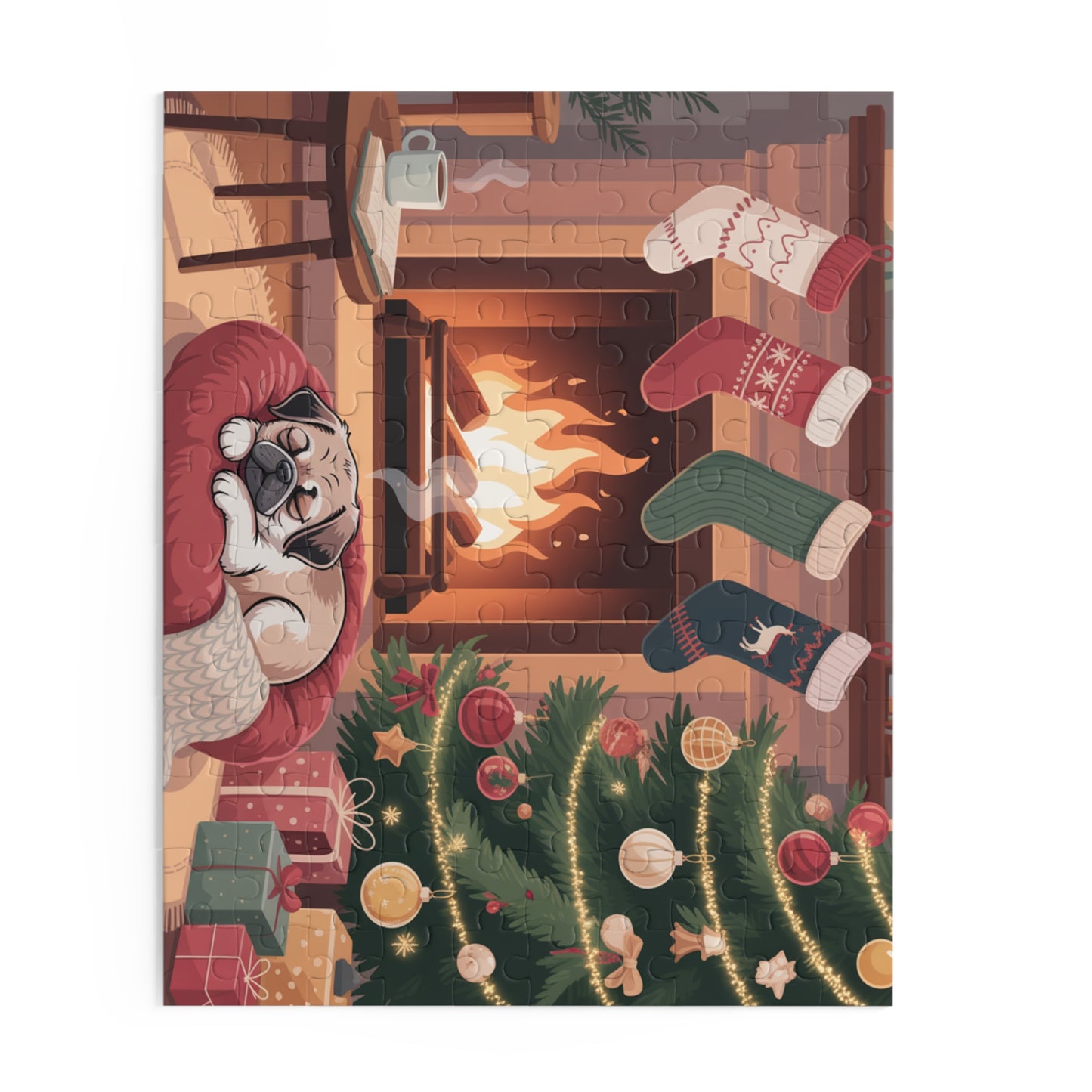 Holiday Fireplace Puzzle — Cozy Christmas Dog 500/252/120-Piece Jigsaw