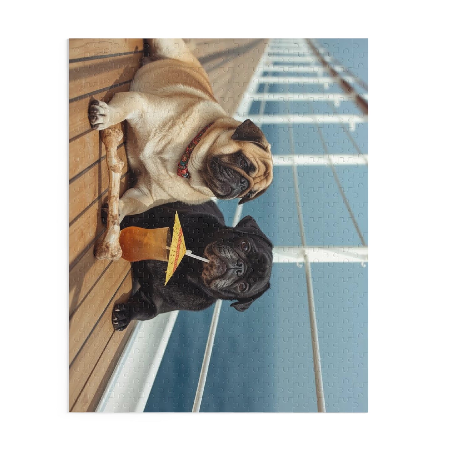 Pug Pair Cruise Deck Jigsaw Puzzle — Relaxing Dogs on a Boardwalk (120/252/500pc)