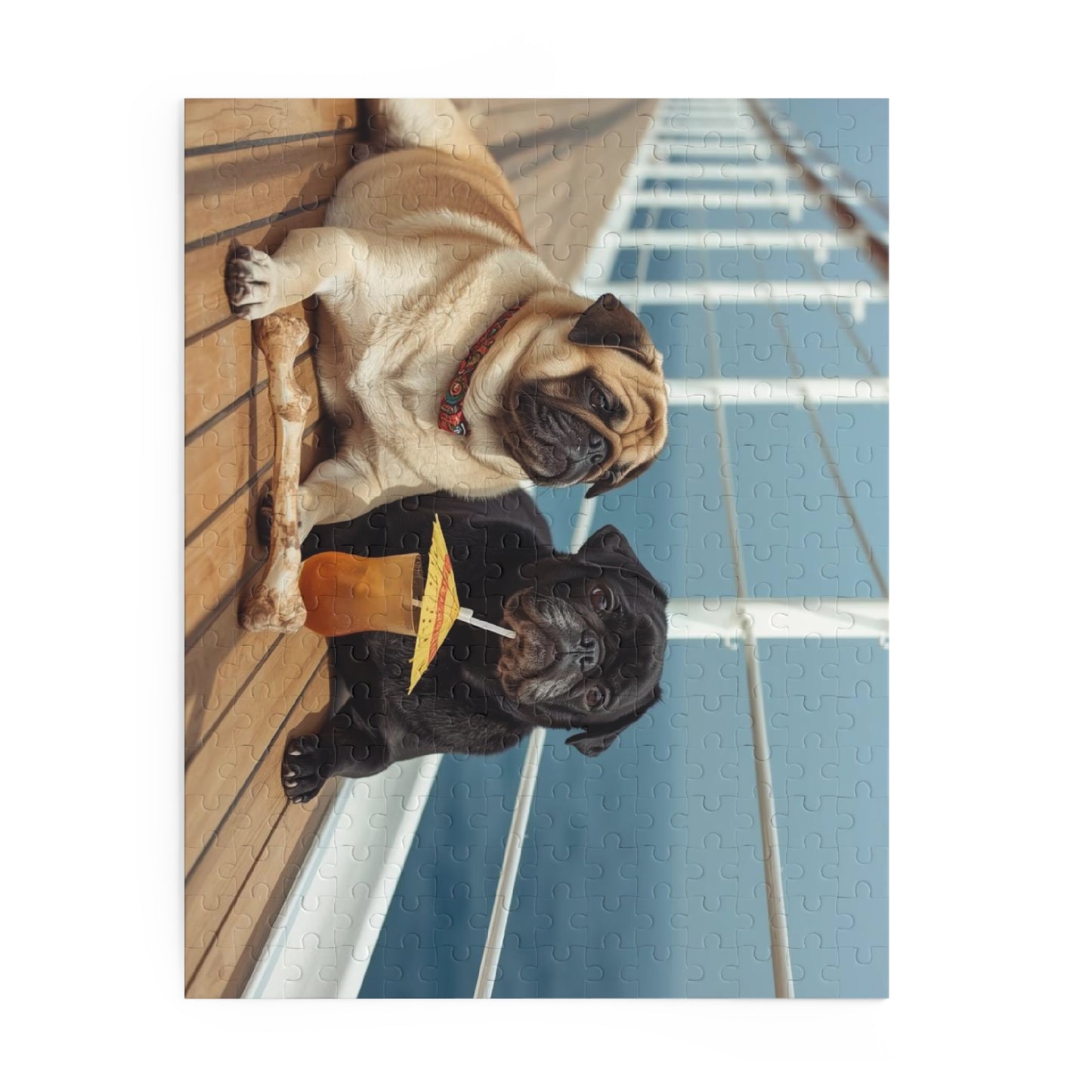 Pug Pair Cruise Deck Jigsaw Puzzle — Relaxing Dogs on a Boardwalk (120/252/500pc)