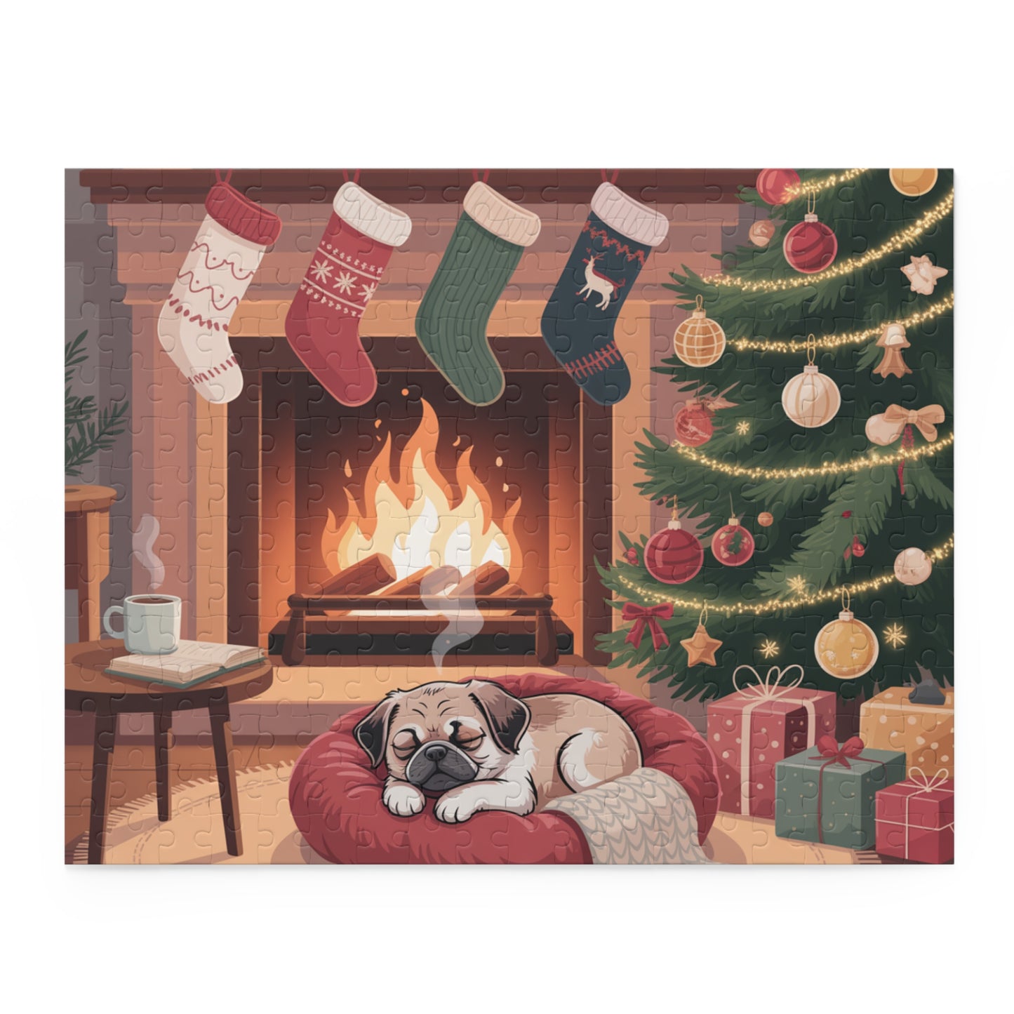 Holiday Fireplace Puzzle — Cozy Christmas Dog 500/252/120-Piece Jigsaw