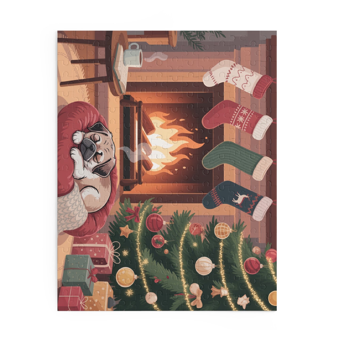 Holiday Fireplace Puzzle — Cozy Christmas Dog 500/252/120-Piece Jigsaw