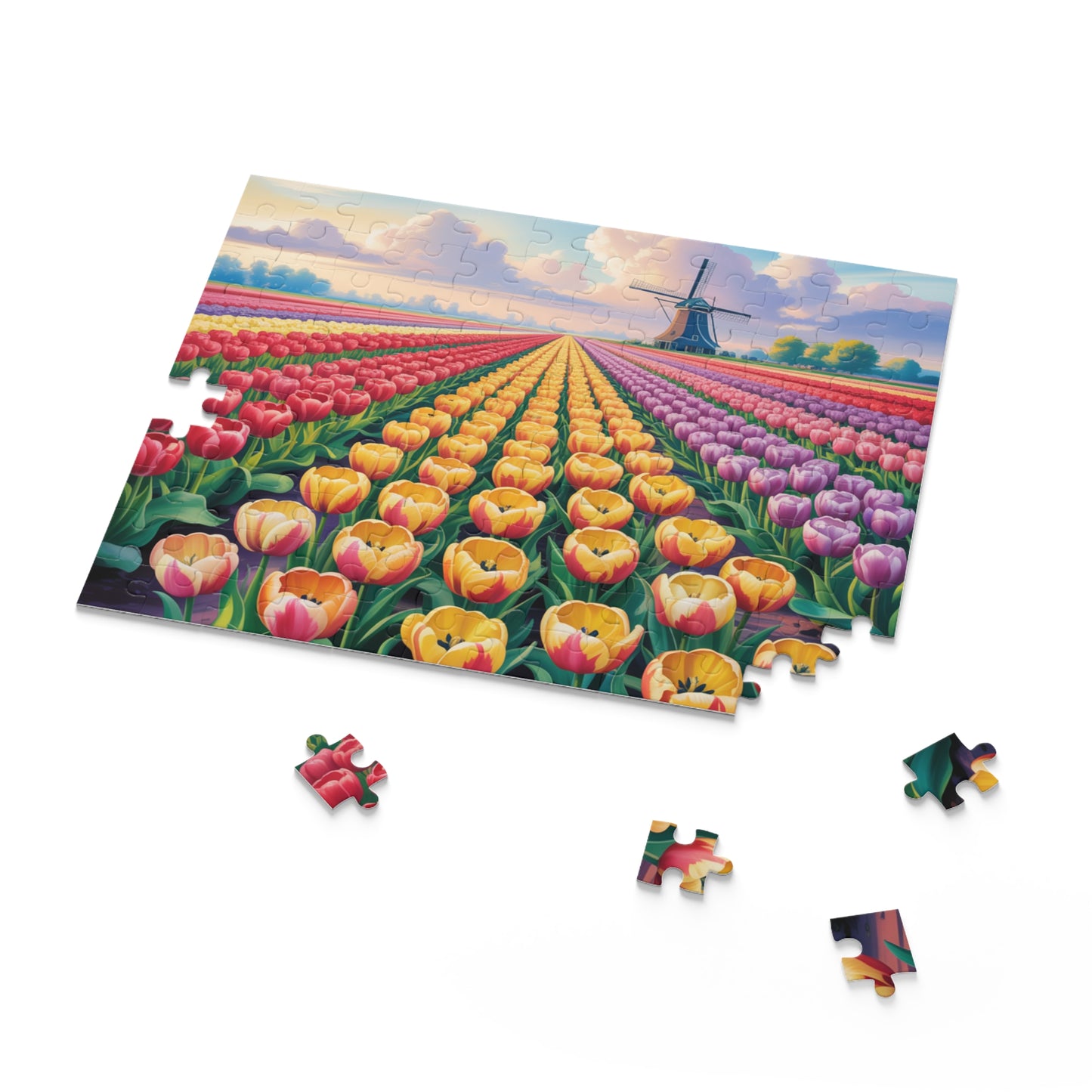 Tulip Field Jigsaw Puzzle — Windmill Dutch Landscape (120/252/500 pcs)