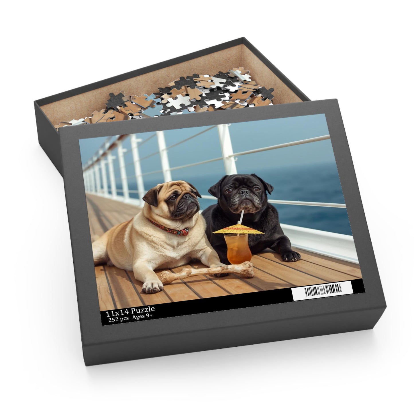Pug Pair Cruise Deck Jigsaw Puzzle — Relaxing Dogs on a Boardwalk (120/252/500pc)