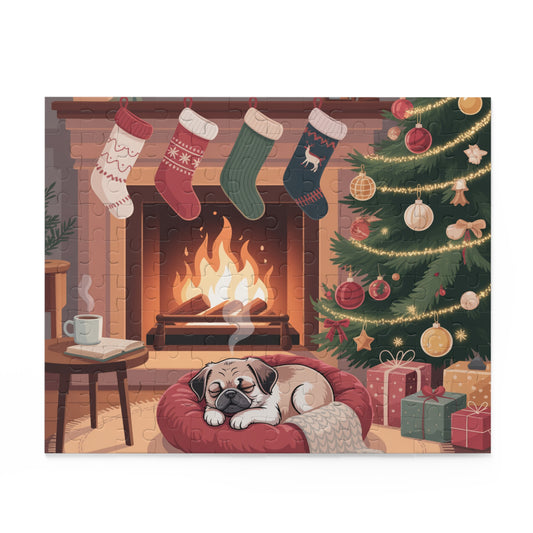 Holiday Fireplace Puzzle — Cozy Christmas Dog 500/252/120-Piece Jigsaw