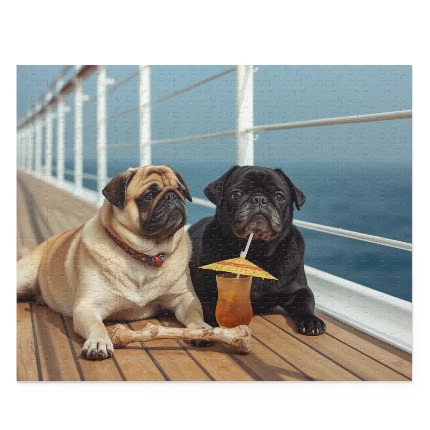 Pug Pair Cruise Deck Jigsaw Puzzle — Relaxing Dogs on a Boardwalk (120/252/500pc)