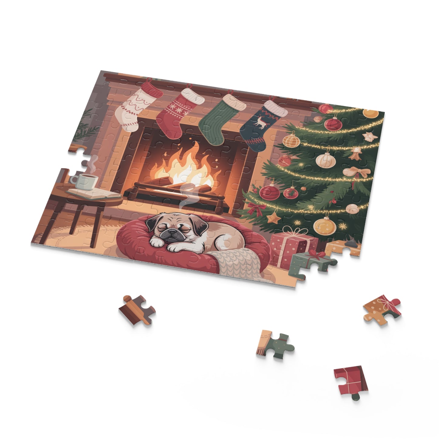 Holiday Fireplace Puzzle — Cozy Christmas Dog 500/252/120-Piece Jigsaw