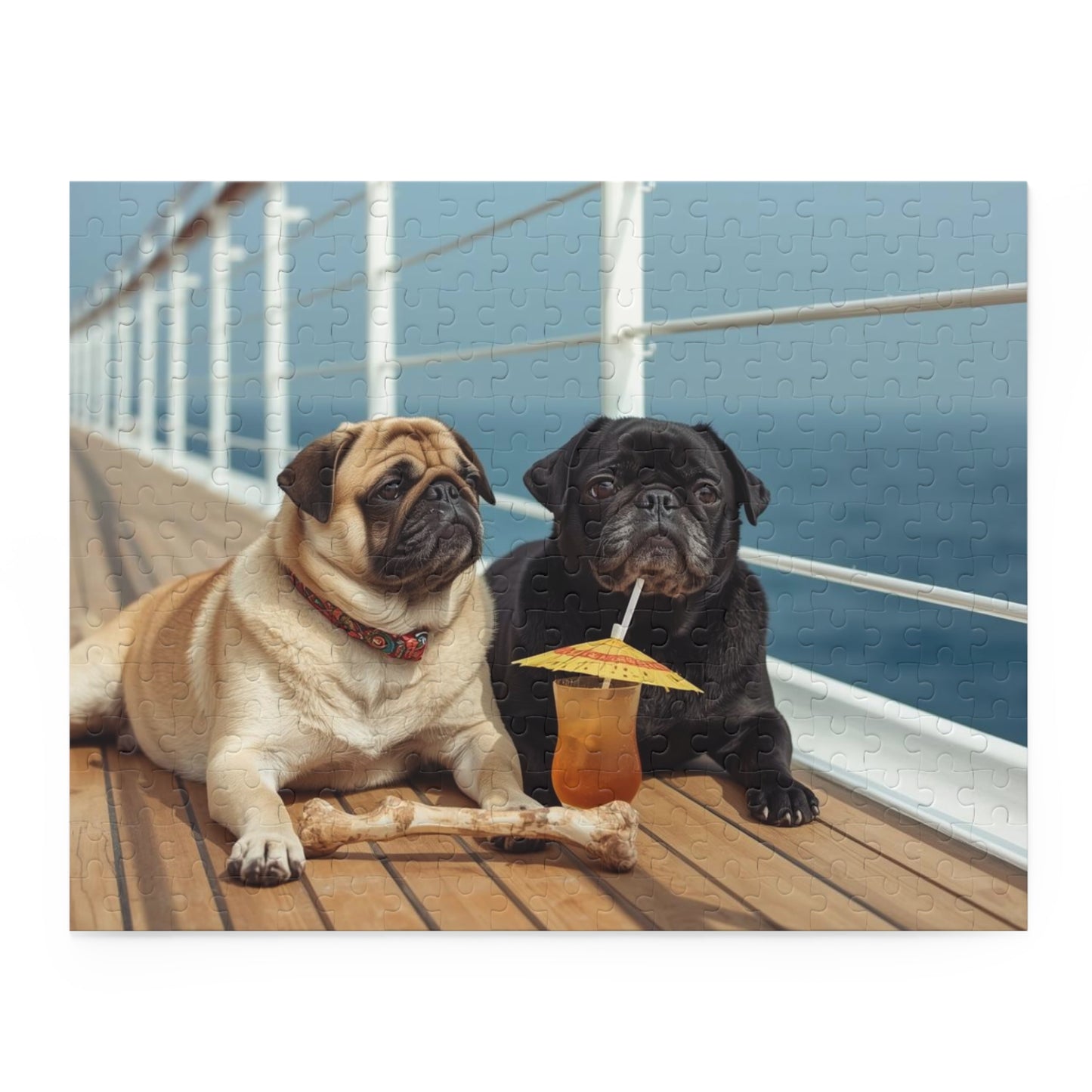 Pug Pair Cruise Deck Jigsaw Puzzle — Relaxing Dogs on a Boardwalk (120/252/500pc)