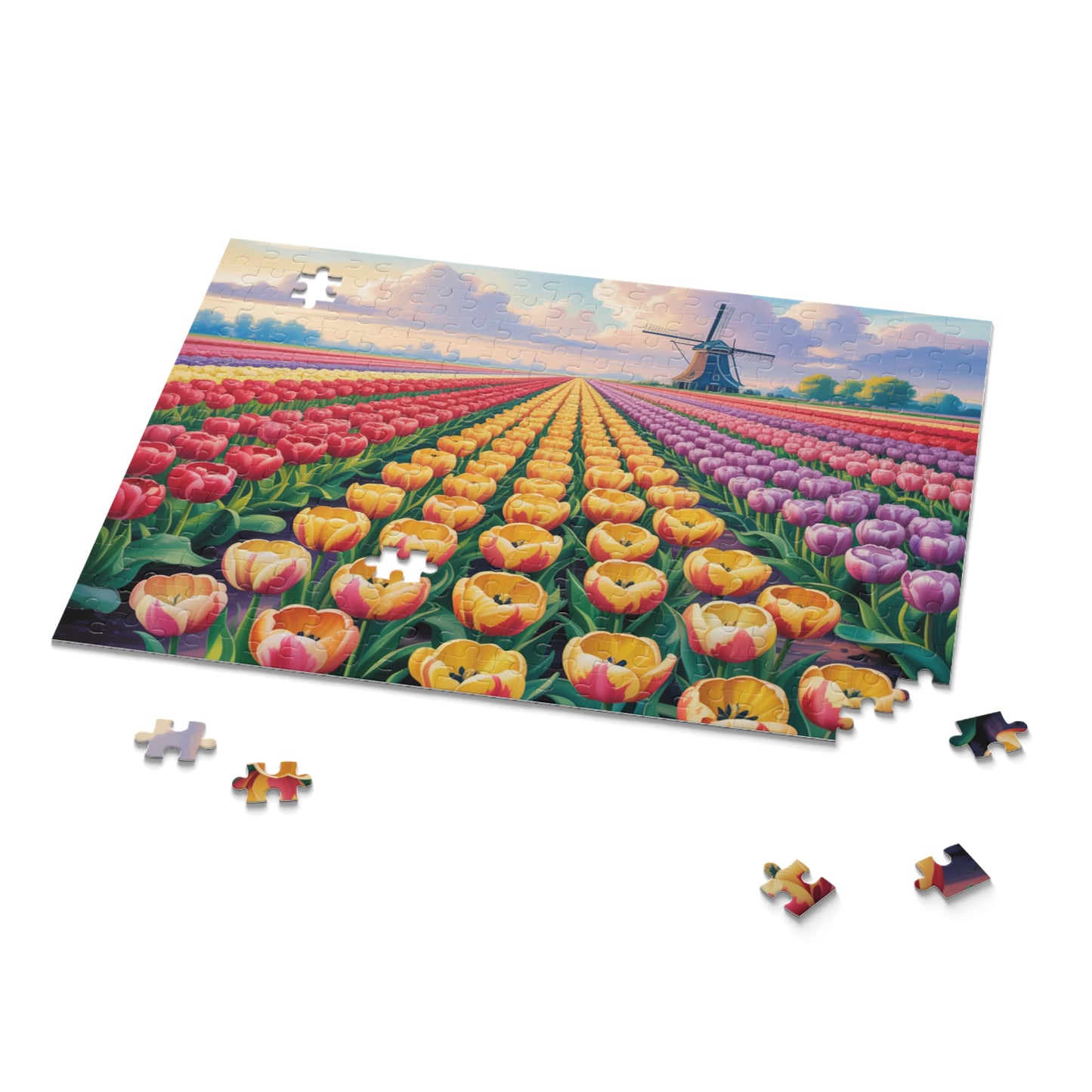 Tulip Field Jigsaw Puzzle — Windmill Dutch Landscape (120/252/500 pcs)