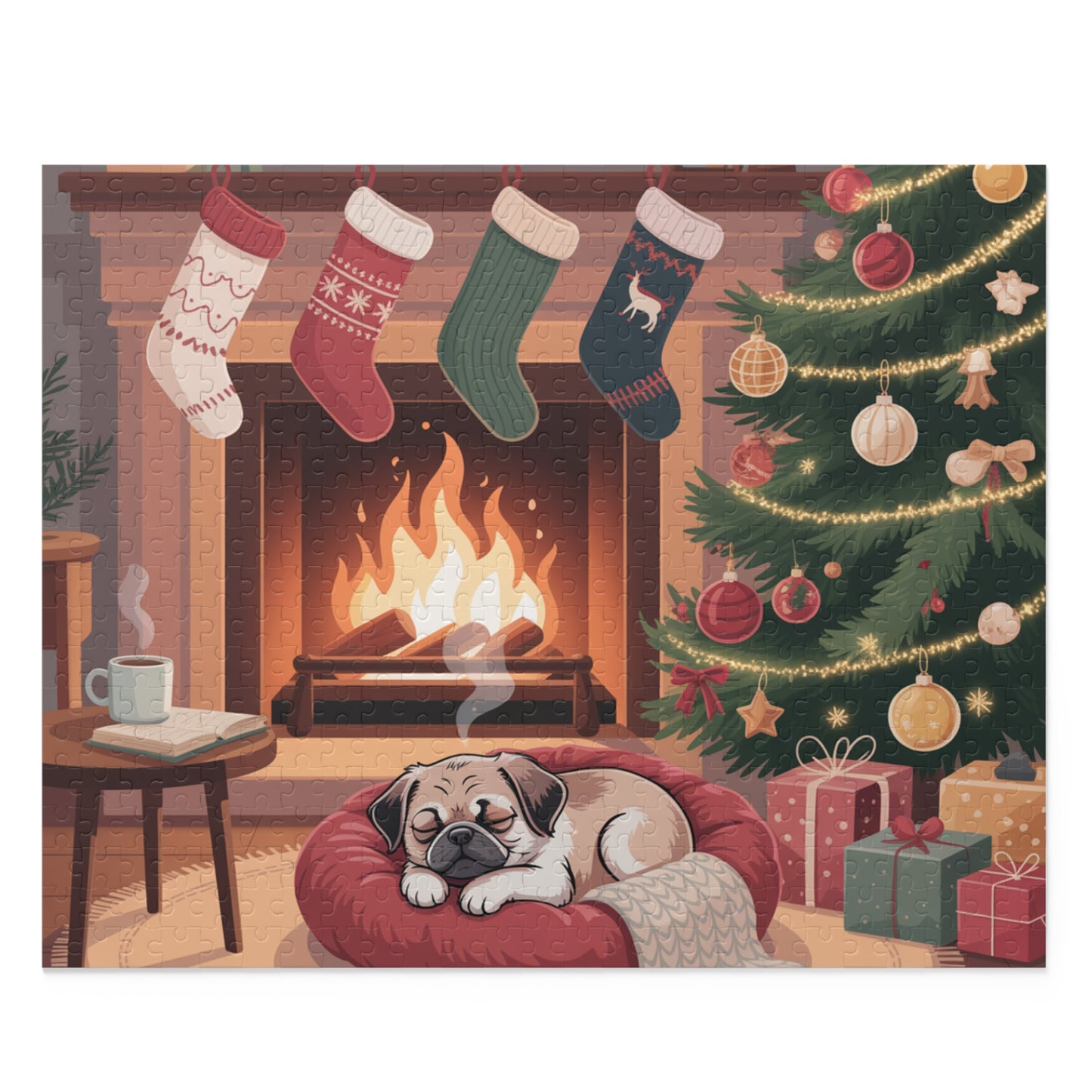 Holiday Fireplace Puzzle — Cozy Christmas Dog 500/252/120-Piece Jigsaw