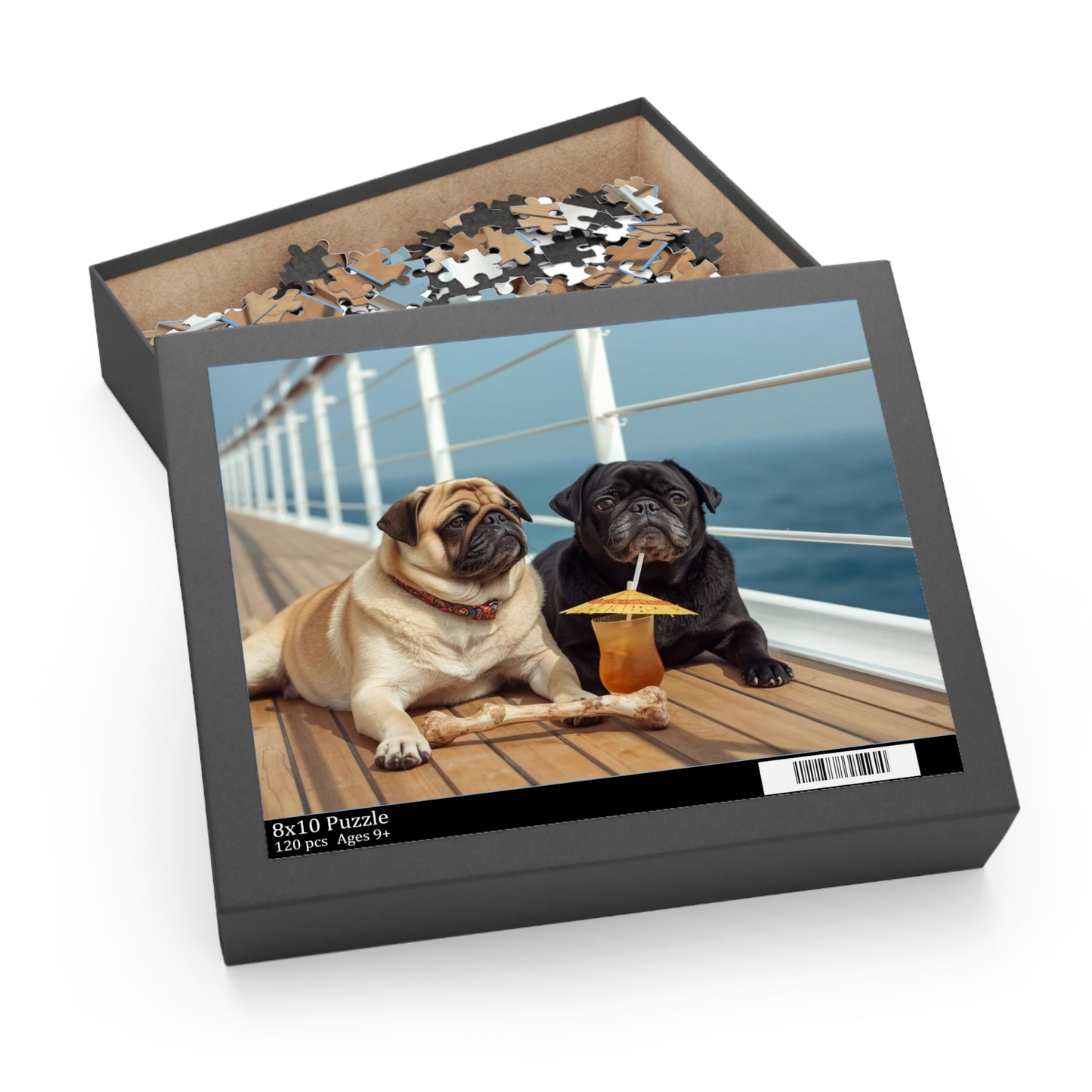 Pug Pair Cruise Deck Jigsaw Puzzle — Relaxing Dogs on a Boardwalk (120/252/500pc)
