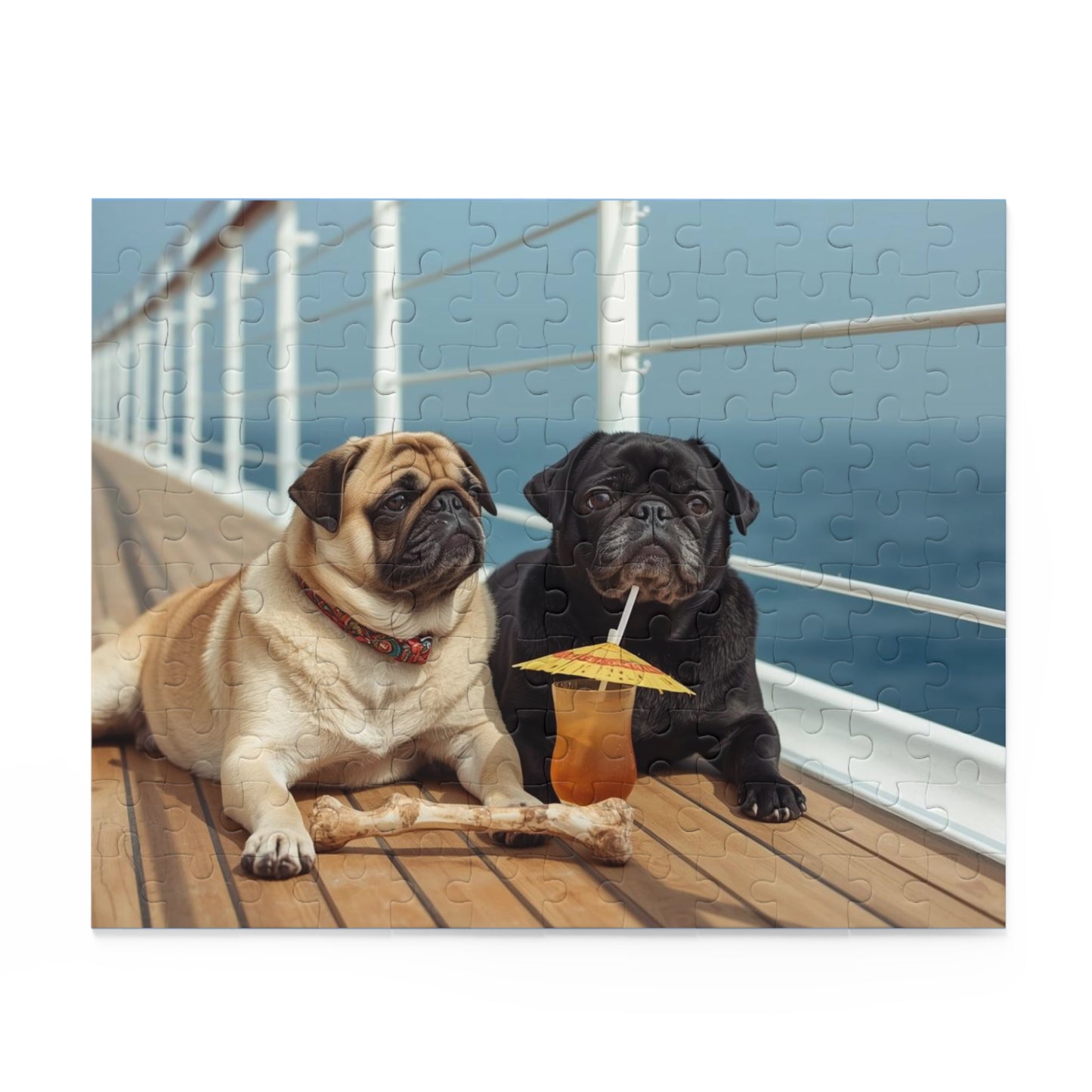 Pug Pair Cruise Deck Jigsaw Puzzle — Relaxing Dogs on a Boardwalk (120/252/500pc)