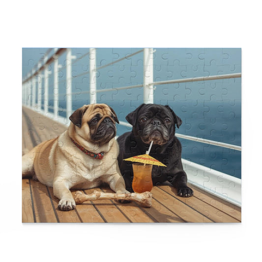 Pug Pair Cruise Deck Jigsaw Puzzle — Relaxing Dogs on a Boardwalk (120/252/500pc)